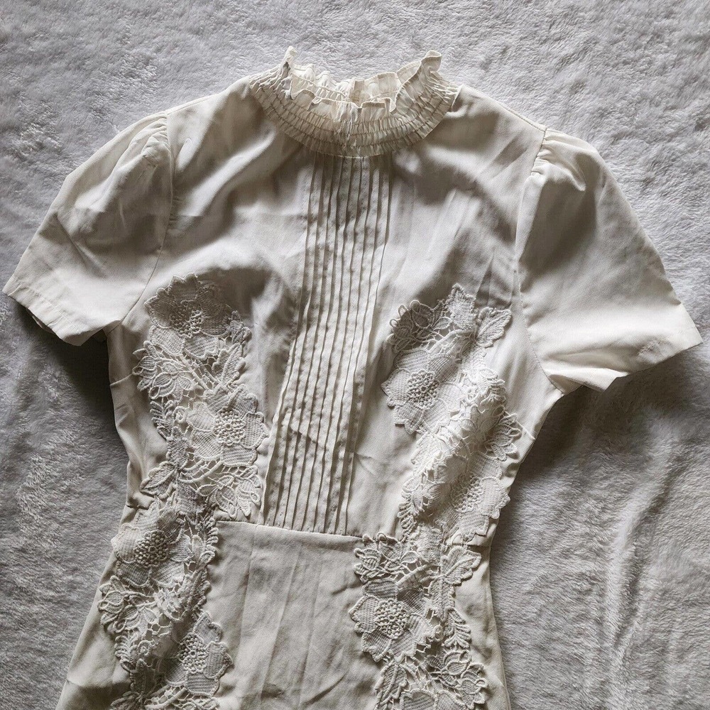 Fashion Nova Dress XS White Floral Vintage Pleated Chest Ruffle Collar Hem Poofy